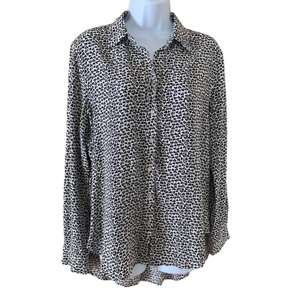 Jane And Delancey Heart Print Collar Button Down Shirt  High Low Hem Size Small